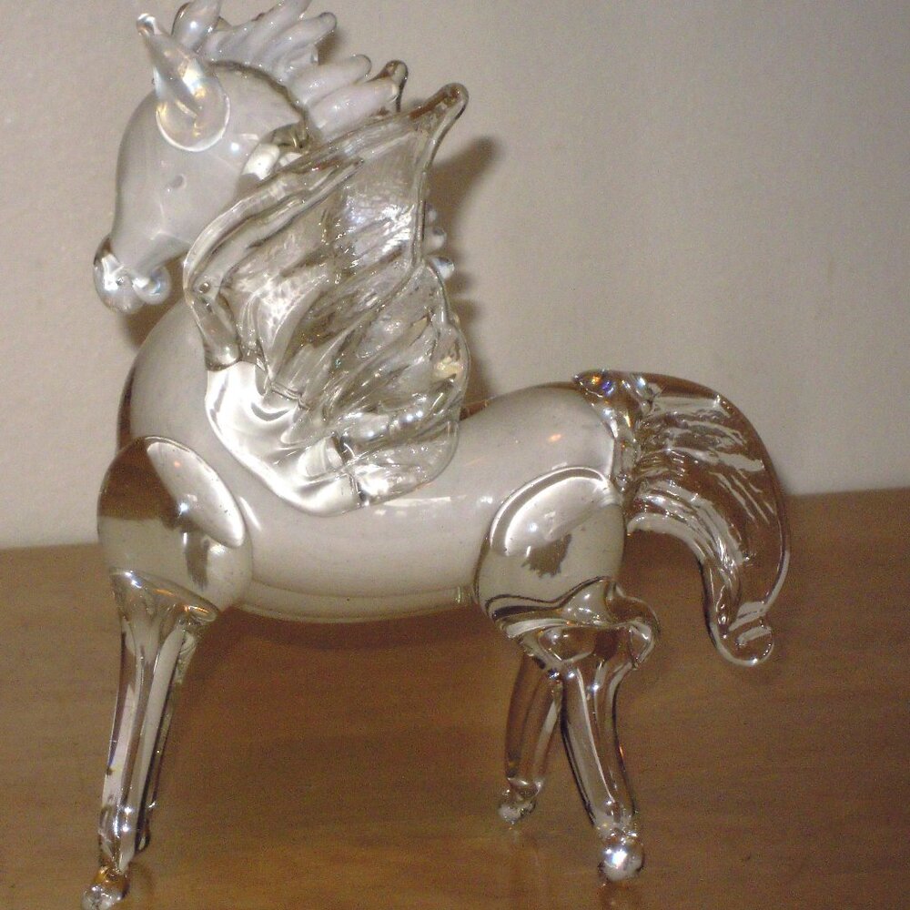 Vtg Mid Century MCM Murano Italian Art Glass Pegasus Winged Horse White Clear